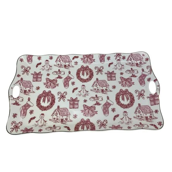 Christmas Toile Pattern Serving Tray Vintage Retro Ceramic Platter with Handles - Picture 2 of 7